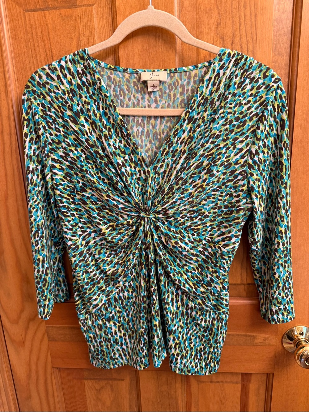 Yvos Teal Blue Green Twist-Front V-Neck Blouse